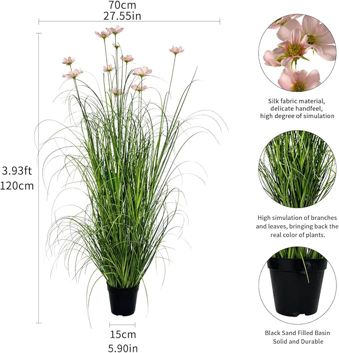 47 Inch Artificial Tall Grass with Pink Cosmos Flowers, Fake Floor Plants, Faux Grass Plants, Indoor and Outdoor Home Decoration(2pack, 4ft)
