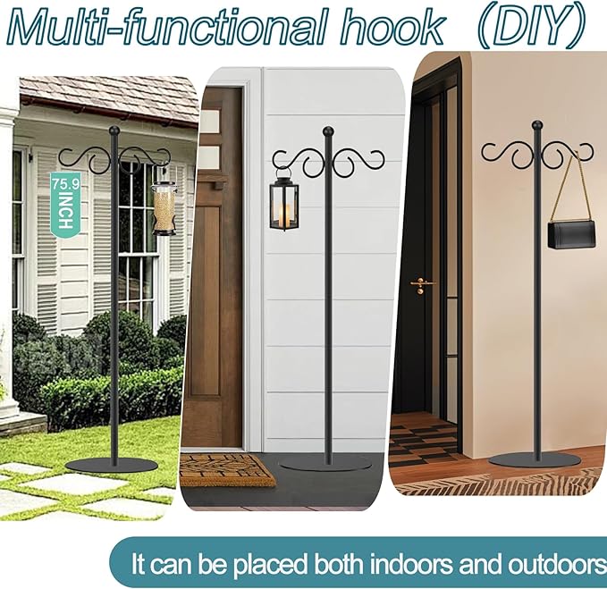 Vorriop 2 Set Shepherd's Hook Stand Plant，Bird Feeder，Wind Chime Hanger Stand, Waterproof Metal & Adjustable-Height Standing Pole Holder for Lantern and Wreath, Indoor & Outdoor