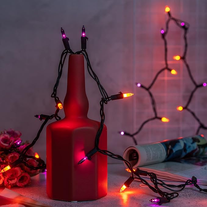YULETIME 200 Orange & Purple Halloween Lights with Black Wire, Pack of 2 Sets 33 ft 100 Count UL Certified Christmas String Lights (Orange & Purple)