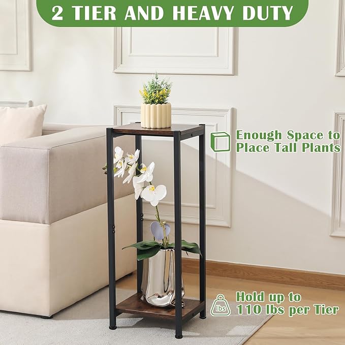 Dipion Tall Plant Stand Indoor,31 Inch Plant Stands,2 Tier Metal Plant Stand with Heavy Duty Wood,Rustic Brown and Black