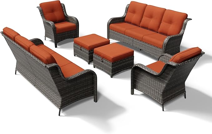 Joyside 6 Piece Wicker Patio Furniture Set, Rattan Patio Chairs with High Back, Deep Seating, Wide Armrest, Thickened Cushions, Outdoor Furniture for Deck, Porch Use