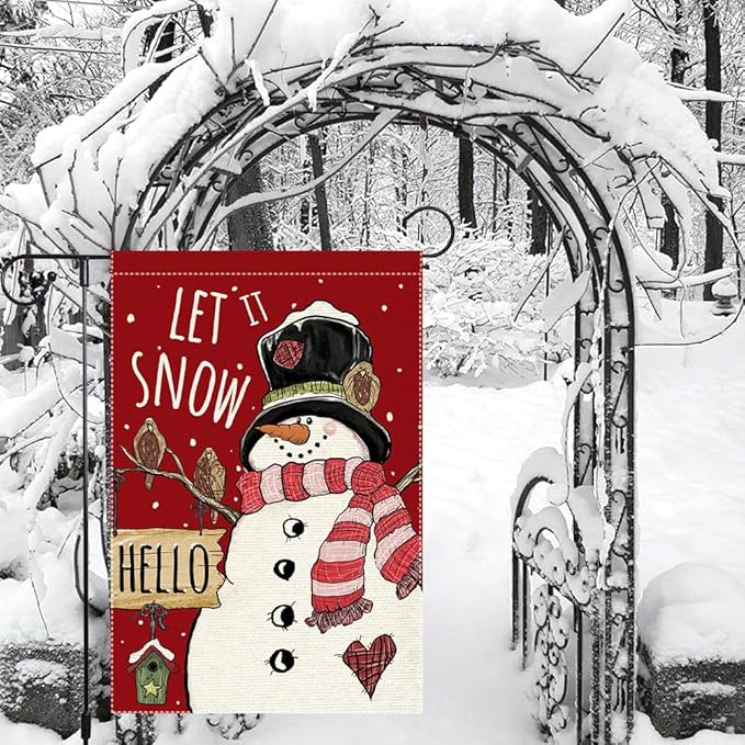 Let It Snow Snowman Snowflake Winter Christmas Garden Flag 12x18 Inch Double Sided Burlap, Cardinal Red Farmhouse Yard Outdoor Decorative Flag (RMQ46)
