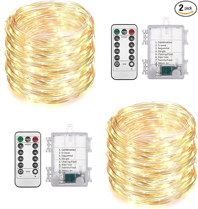 2 Pack Total 200 LED Fairy Lights Battery Operated String Lights with Remote & 8 Modes, 33FT Waterproof Copper Wire Battery Powered Twinkle Lights for Outdoor Christmas Parties Decoration Warm White