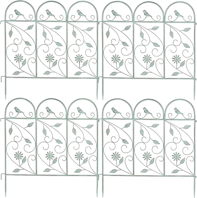 Sungmor 25in x 8ft Metal Garden Fence Border, Rustic Style Decorative Garden Fence Animal Barrier, Landscape Pathway Edge Iron Picket Fence Panels, Plant Support Climbing Trellis, Pack of 4