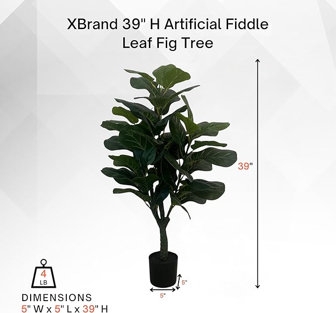 XBrand 39.4-Inches Artificial Fiddle Leaf Fig Tree in Pot for Indoor Outdoor Home Office Store, Great Housewarming Gift