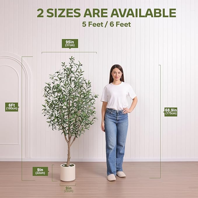 Verinatural Olive Trees Artificial Indoor 6FT - Realistic Fake Plants with Remote LED Spotlights, White Planter - Faux Olive Tree for Home Living Room Office Floor Bedroom Decor,VN214
