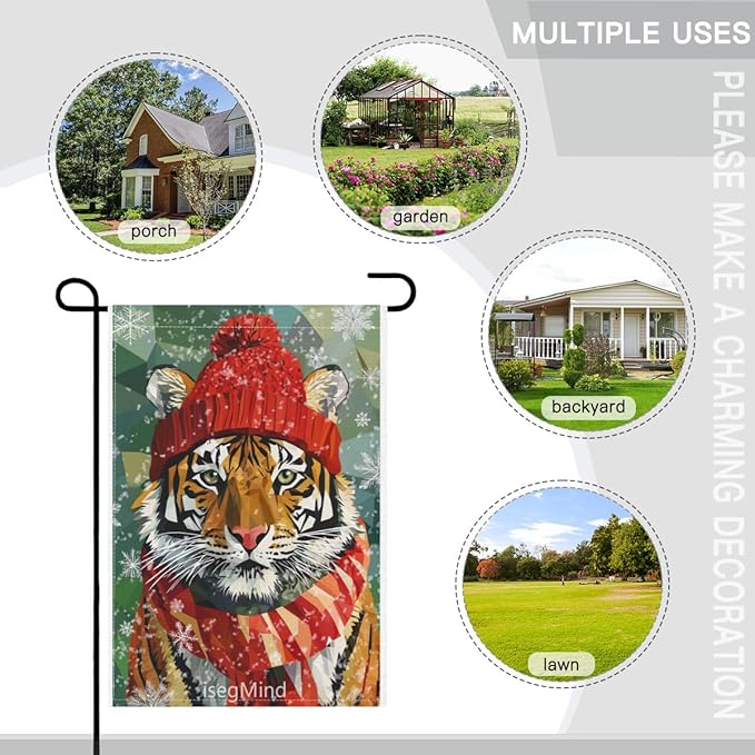 Tiger with Red Scarf and Hat Snowflake Christmas Garden Flag, 28x40 Inch Double Sided Linen Holiday Red Winter Farmhouse Yard Outdoor Decoration (4327)
