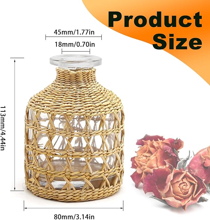 Flower Vases with Rattan Cover Straw Woven Glass Vase Boho Glass Flower Vase for Arrangement Table Decoration, 4.44''X1.77''X3.14'', B Style