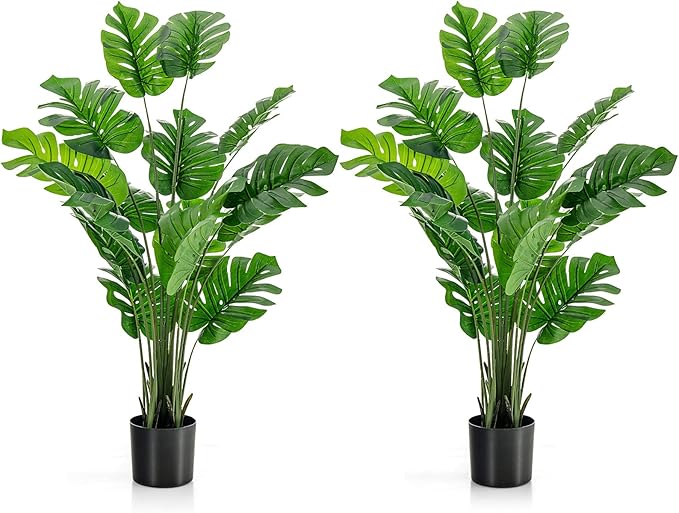 5FT Fake Monstera Deliciosa Plants, Faux Monstera Plant w/15 Turtle Leaves, Cement-Filled Plastic Pot, 60 Inch Fake Plant for Indoor Home Office Living Room Decoration Set of 2