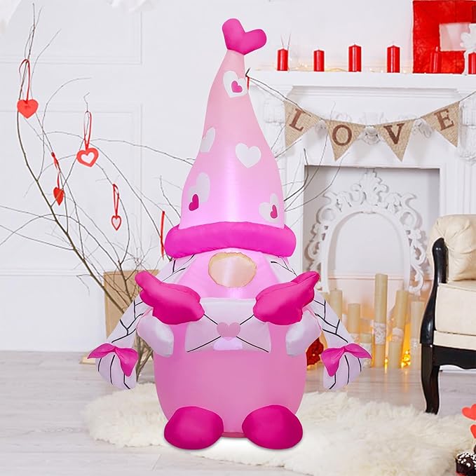 Juegoal Valentine Inflatable Pink Gnome, 4 FT Lighted Blow Up Girl Swedish Gnomes, Indoor Outdoor Valentines Wedding Xmas Decor, Built in LED Light Up Holiday Lawn Yard Garden Decorations