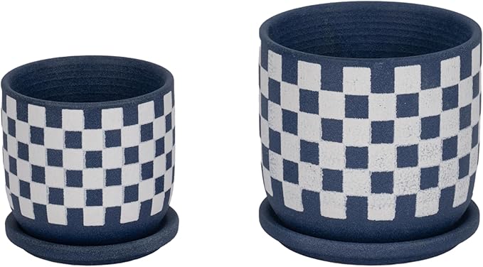 Ceramic Planters Set – Planters with Drainage for Healthy Roots, Indoor Planter and Patio Decor Placement, Checkered Design Accent for Modern Outdoor Home Decor – 6" and 5", Blue and White