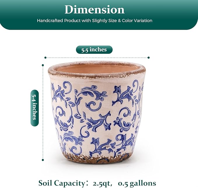 Vintage Ceramic Planter with Drainage Hole, Plastic Tray & Mesh, 5.5 Inch - Indoor/Outdoor Flower Pot, Blue Floral Rustic Farmhouse Design Plant pot for Home, Office & Garden Décor, Ideal Gift