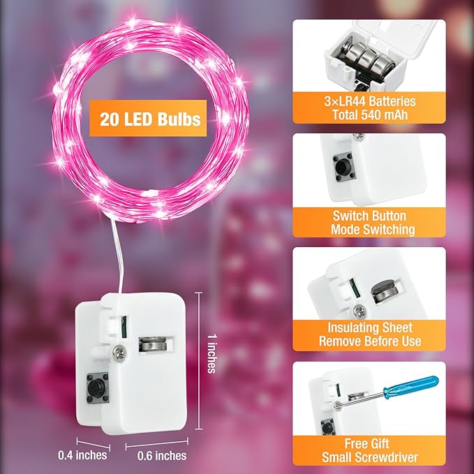 6 Pack Fairy Lights Battery Operated - 7ft 20 Led Twinkle Lights 3 Modes, Bulk Mini String Light Waterproof for Mason Jars Vases DIY Party Wedding Decoration Valentines Day - Pink