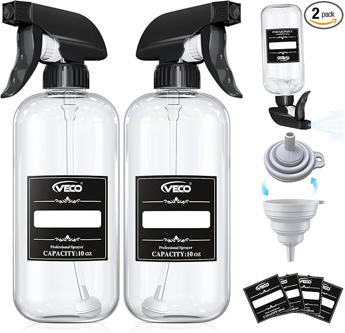 Veco 300mL (10oz) 360° Spray Bottles, 2-Pack — Adjustable Nozzle, Leak-Resistant spray bottles for Cleaning, Plants, Hair & Pet Use + Foldable Funnel