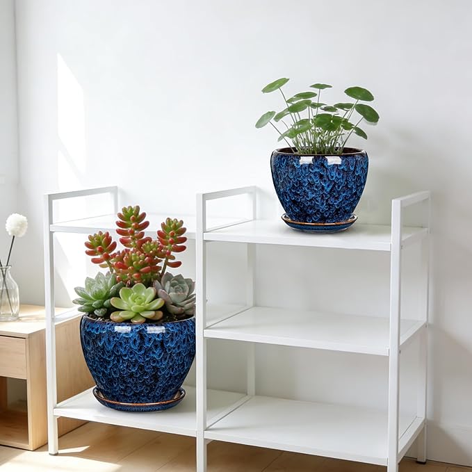 Hollyone 7inch Ceramic Planter Blue Ceramic Plant Pot for Plants Flowers with Drainage Hole and Saucers Ceramic Glaze Round Flower Plant Pot for Indoor Outdoor Medium Round Succulent Orchid Flower Pot