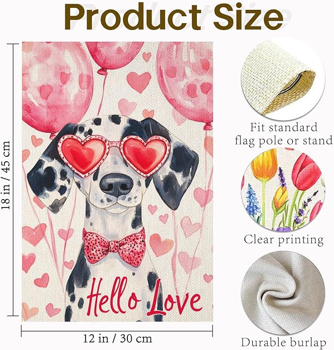 Valentine's Day Dalmatian Hello Love Garden Flag, House Yard Plaid Love Heart Outside Decoration, Spring Holiday Wedding Anniversary Outdoor Small Decor 12x18(12646)