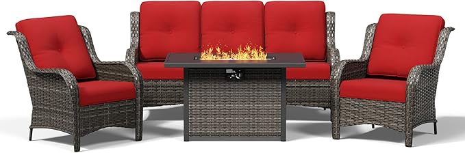 Joyside 4 Piece Wicker Patio Furniture Set with Fire Pit Table, Rattan Patio Chairs with High Back, Deep Seating, Wide Armrest, Thickened Cushions, Outdoor Furniture for Deck, Porch Use