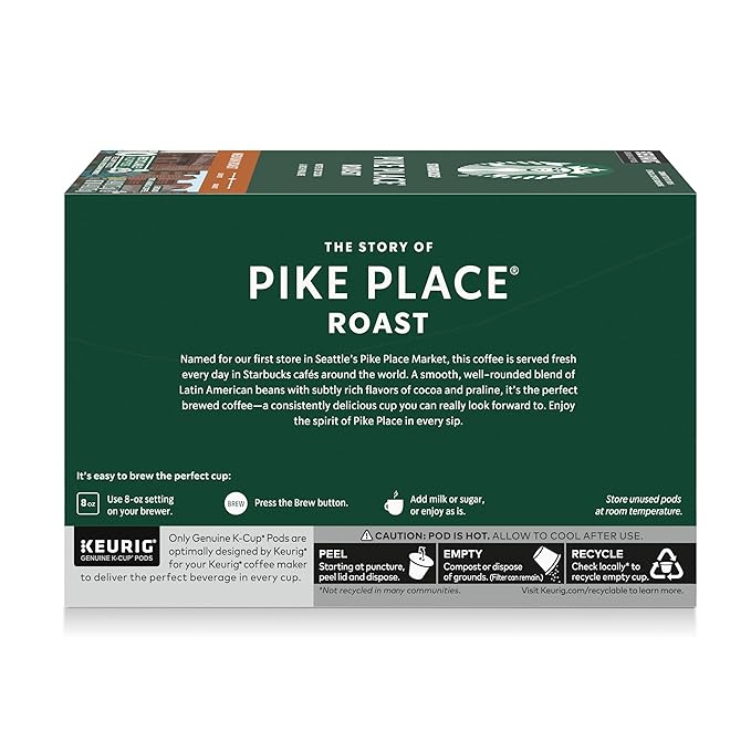 Starbucks K-Cup Coffee Pods, Medium Roast Hot or Iced Coffee, Pike Place Roast, 40 Keurig Pods
