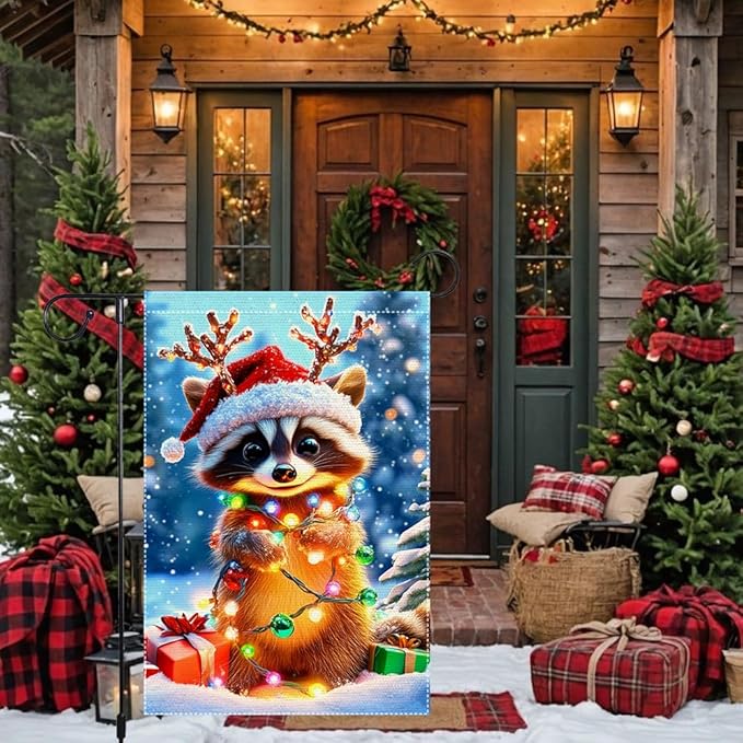 Christmas Garden Flag 12x18 Inch Double Sided Burlap Raccoon with Santa Hat and Lights Cute Winter Outdoor Yard Decoration for Holiday Porch Lawn Farmhouse Decor