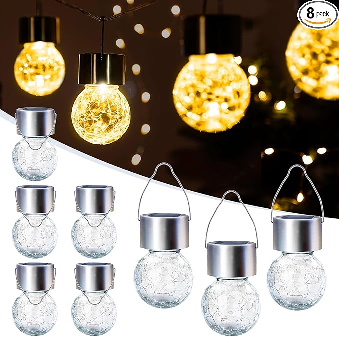 GIGALUMI 8 Pack Solar Outdoor Hanging Lights - Warm White LED, Water Resistant, Glass, Rechargeable Battery