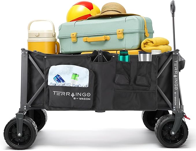 TerrainGO Foldable Utility Wagon Cart with Interchangeable All Terrain Wheels Patent Pending Collapsible Beach Wagon - Camping Essentials with Cooler Pouch, Storage Pockets, and Cup Holders