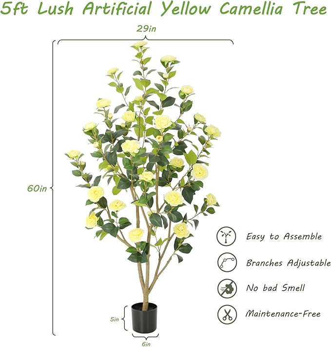 Nafresh 5FT Lush Artificial Yellow Camellia Tree Outdoor 2 Pack, 60inch Faux Camellia Plant, Fake Camellia Flowers Tree for Indoor Outdoor Living Room Home Patio Front Door Garden Decor