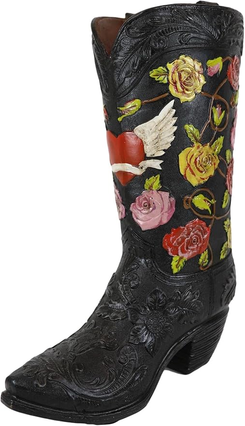 Ebros Gift Rustic Western Black Faux Tooled Leather Cowboy Cowgirl Boot with Colorful Rose Flowers and Angel Winged Heart Decorative Figurine Or Floral Vase Planter Table Countertop Accent