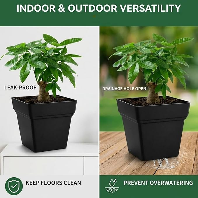 RooTrimmer 6-Pack 7'' Square Planters with Built-in Drainage Tray – Heavy-Duty Black Plastic Planter with Drainage Hole and Bottom Stopper, BPA-Free Black Plant Pots Matte Finish for Indoor Outdoor