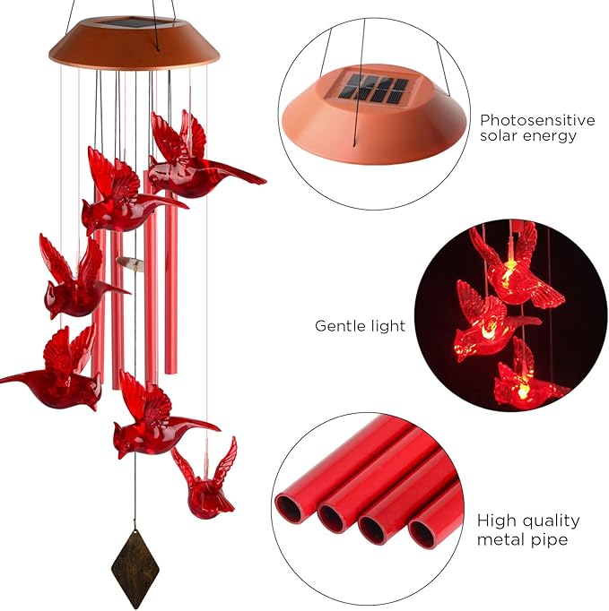 Cardinal Wind Chimes for Outside Mother Gift Red Cardinal Gifts for Women Memorial Chimes for Mom Solar Red Bird Solar Lights for Loss of Loved One Garden Cardinal Decor