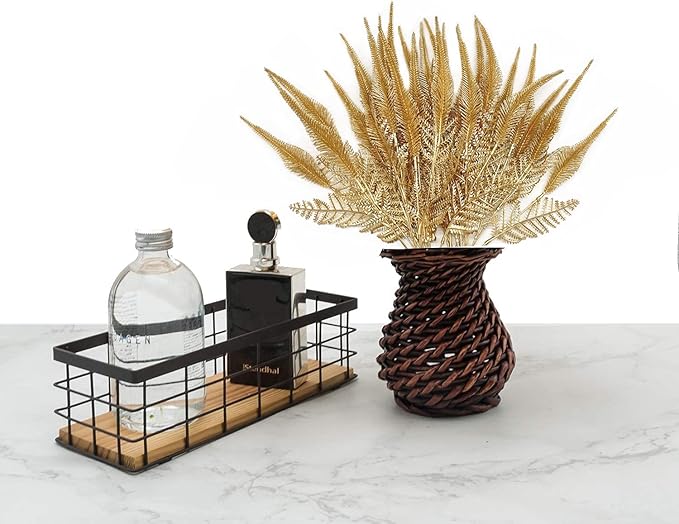 Fake Plants Christmas Decor, Artificial Golden Plant Fake Fern Shrubs Faux Plastic Leaves for Indoor Outdoor Home Garden Party Hall Wedding DIY Gold Foliage Decoration Tail Grass Bunches - 6 Pack