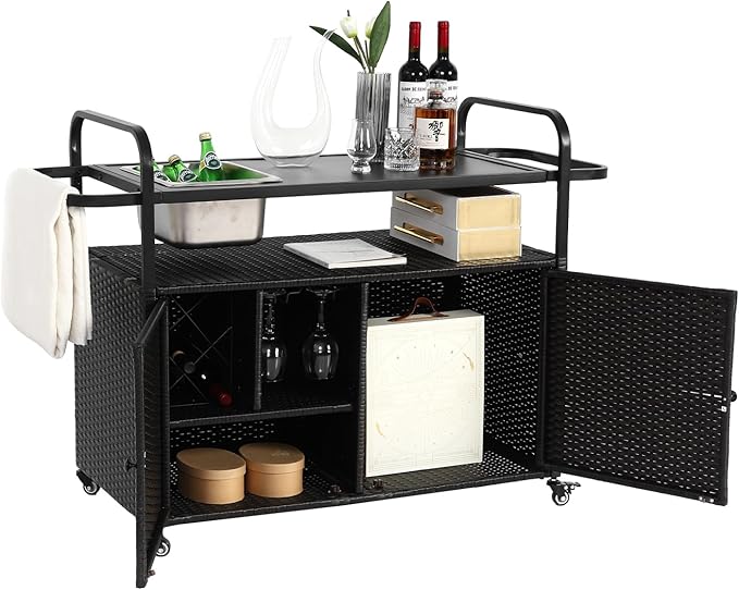 Outdoor Bar Cart with Cabinet, 51.57" Patio Serving Cart with Steel Top, Built-in Ice Bucket, Side Basket & Lockable Wheels for Garden, Backyard & Poolside, Black