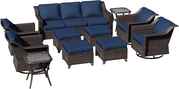 11 Pieces Patio Conversation Furniture Set - 1 Sofa, 4 Ottomans, 4 Swivel Chairs, 2 Side Tables, Outdoor Wicker Furniture with Removable Cushionsfor Porch, Balcony, Sunroom (Blue)