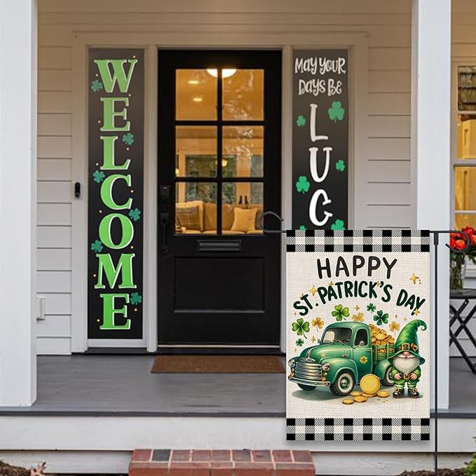 Happy St Patricks Day Garden Flag 12x18 Inch Double Sided Shamrocks Gnome Truck Buffalo Plaid Outside Small Flag for Yard Outdoor Holiday Decoration