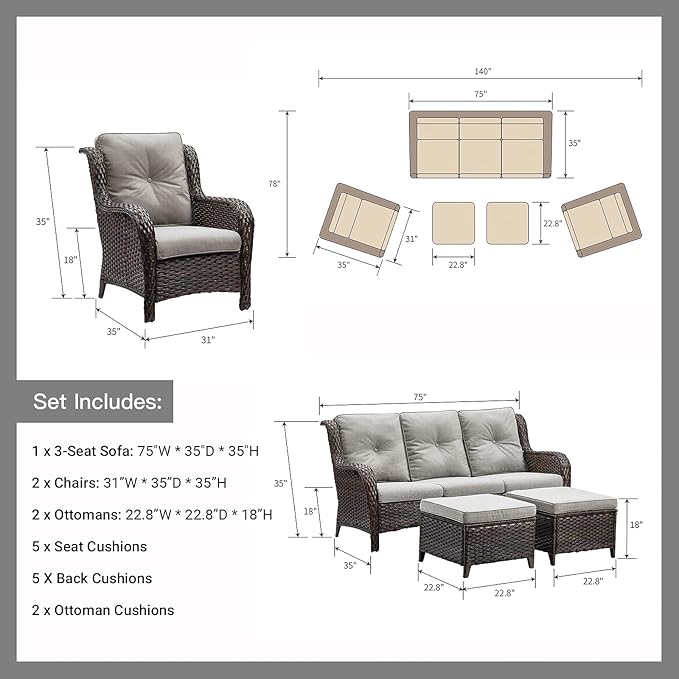 HUMMUH Outdoor Furniture 6 Pieces Patio Furniture Set Wicker Outdoor Sectional Sofa with 2 Patio Chairs,Ottomans,Coffee Table…