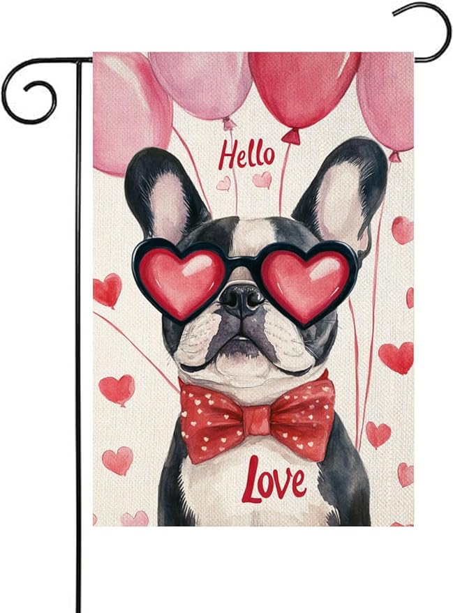 Valentine's Day Bulldog Hello Love Garden Flag, House Yard Plaid Love Heart Outside Decoration, Spring Holiday Wedding Anniversary Outdoor Small Decor 12x18(12637)
