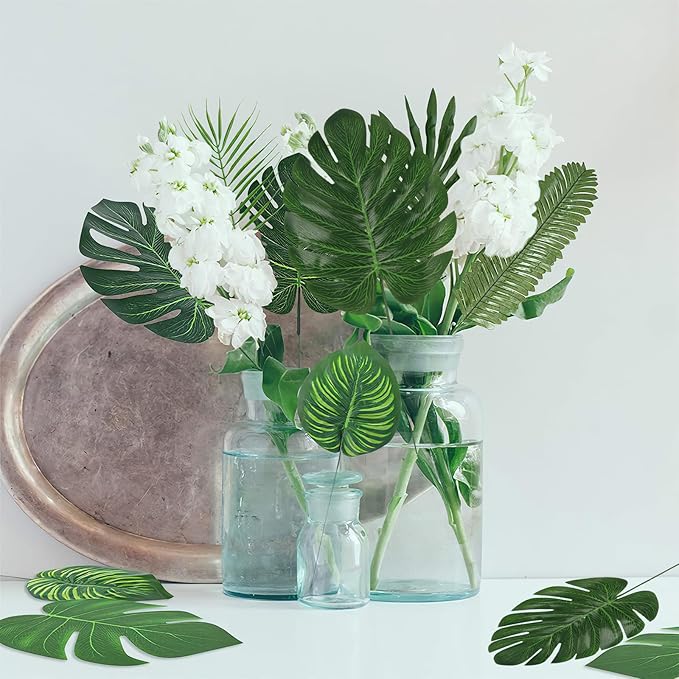 60 Pieces 4 Kinds Artificial Palm Leaves with Faux Stems Tropical Plant Leaves Monstera Leaves Safari Leaves for Hawaiian Luau Party Jungle Beach Table Leave Decorations