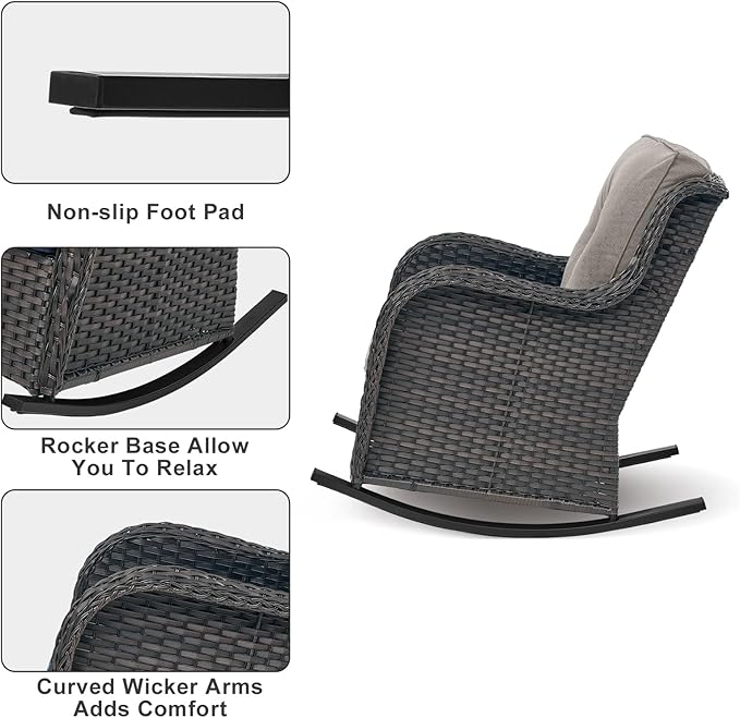 Rilyson Patio Chairs Outdoor Rocking Chair - 3 Piece Wicker Patio Bistro Set Rattan Patio Furniture Rocker Chairs and Side Table for Porch Deck Backyard Garden(Brown/Grey)