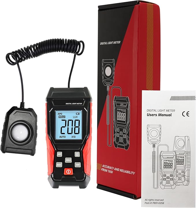 Light Meter Digital Lux Meter Handheld Illuminance Light Meter with 360 Degree Rotating Sensor, 4 Digit LCD Display 0~200,000 Measurement Range Luxmeter Tester for Plants, Headlights, Home & Office