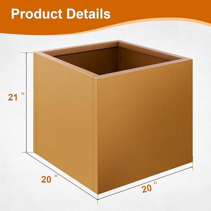 Meyoppm Corten Steel Planter Box 20"x20"x21", Rustic Metal Planter with Partitions & Drainage Holes, Frost Rust Resistant Heavy Duty Planter for Patio Garden Indoor Outdoor Commercial Decor