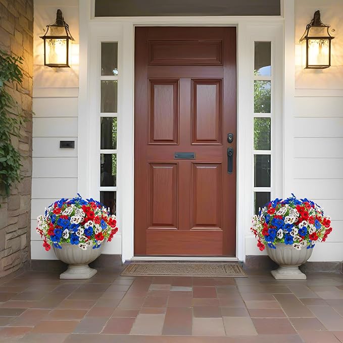 Artificial Fake Pansy Flowers for Outdoor, Faux Silk Pansies Spring Flowers for Outside for Planter Front Door Porch Yard Patio Window Box Home Decor (18, Red, White, Blue)