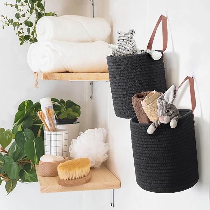 2 Pack Hanging Basket, Small Wall Baskets for Organizing, Wicker Boho Wall Decor Set, Indoor Hanging Plant Holder, Rattan Woven Storage Bin for Home Decor, Farmhouse Storage Box, Black