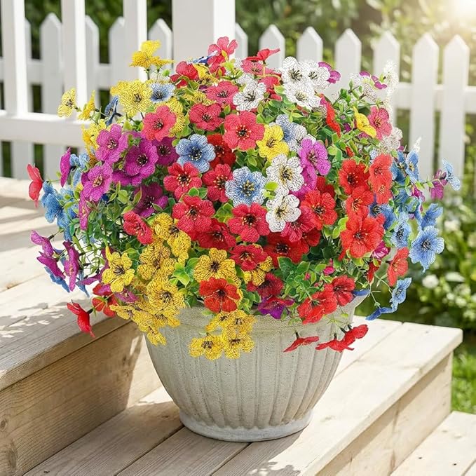 ATTGREAT Artificial Spring Flowers Outdoor Faux Plants UV Resistant Fake Patio Flowers Plastic Greenery Plnats Outside Bulk for Spring Garden Hanging Planter Home Vase Decor, 12 Bundles (Multicolor)