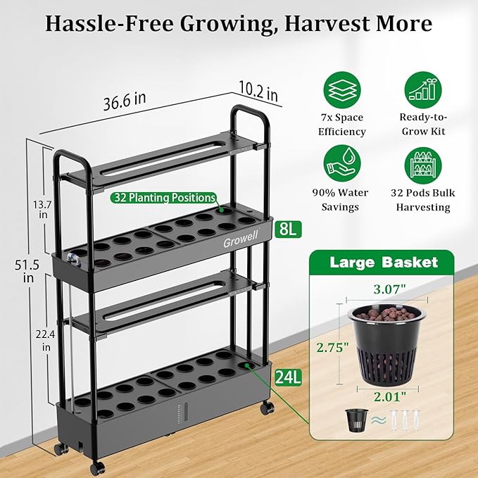 Large Hydroponics Growing System Kit, 32 Pods Vertical Hydroponic Garden, with 32 Large Buckets, 32L Indoor Garden System for Herb Vegetable Fruit, with 2 Light Modes, Auto Circulating Water System