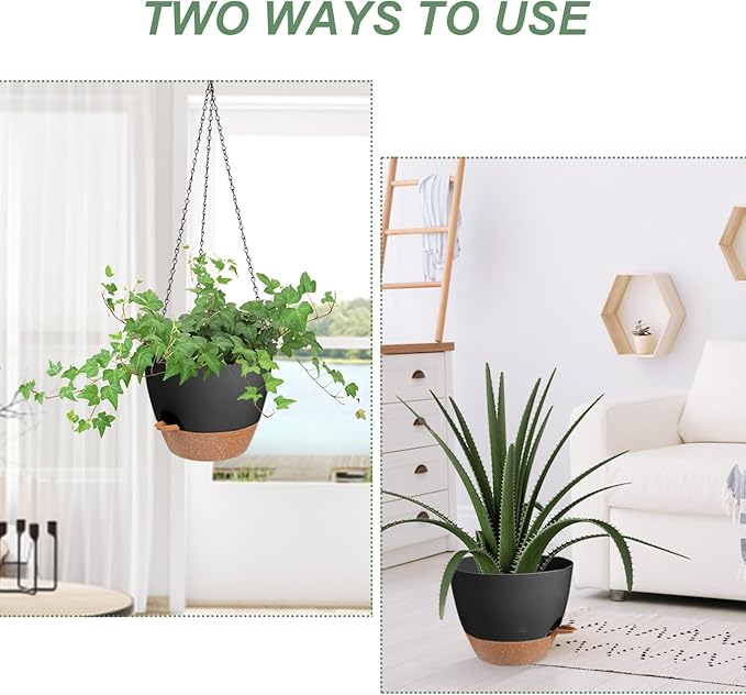 Vanslogreen Hanging Planters for Indoor Outdoor Plants, 1 Set Self Watering Hanging Pot with Drainage Holes & Removable Tray (Black-12inch, 12'')