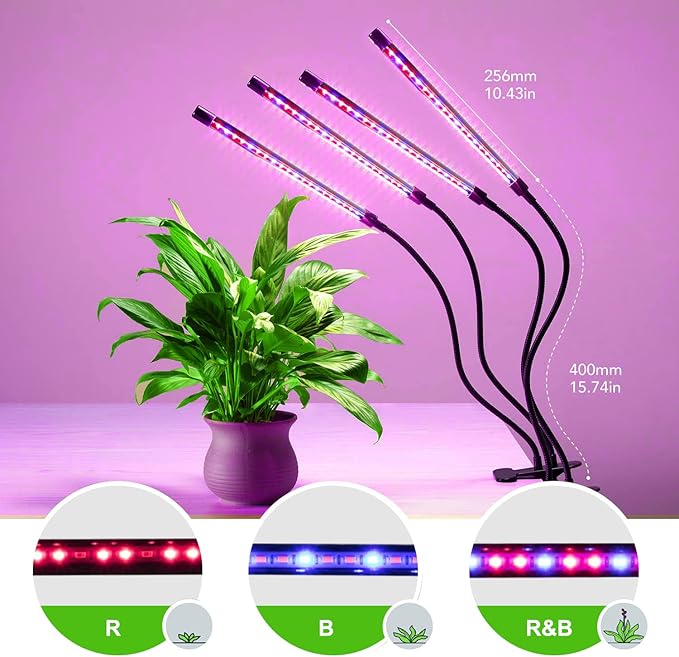 GROWSTAR Plant Lights for Indoor Growing, Red Blue Spectrum 4 Heads Clip Grow Lamps with 10 Feet Cables for Seeding Blooming and Fruiting(2 Pack)