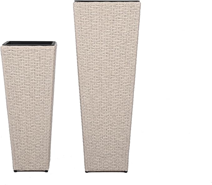 Christopher Knight Home Jorine Patio Wicker Planters Set of 2, Rattan Garden Urn, Iron Frame Flower Pots, Woven Wicker Garden Pot, 2 Plant Urns with Drainage Hole for Backyard Hall Balcony, Beige