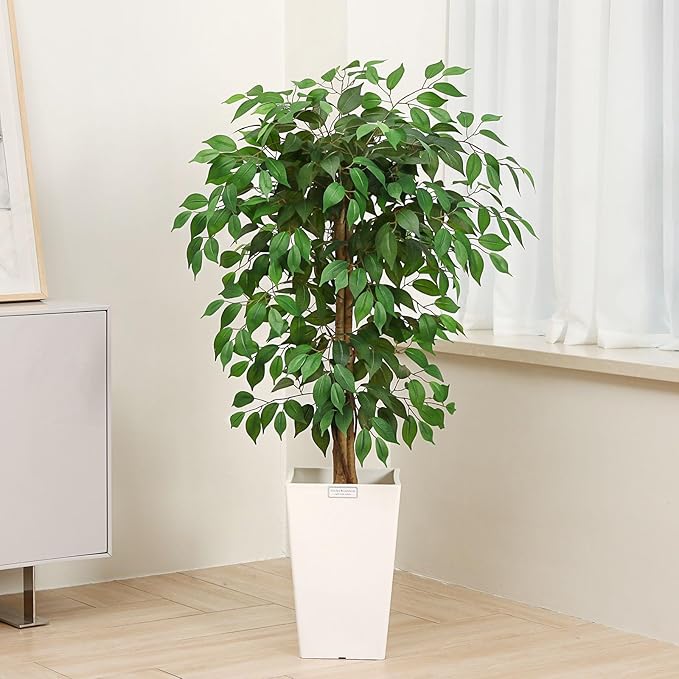4ft Ficus Artificial Trees with Realistic Leaves and Trunk, Silk Fake Ficus Tree with Plastic Nursery Pot, Faux Ficus Tree for Office Home Farmhouse for Indoor Outdoor Decor(Set of 1)
