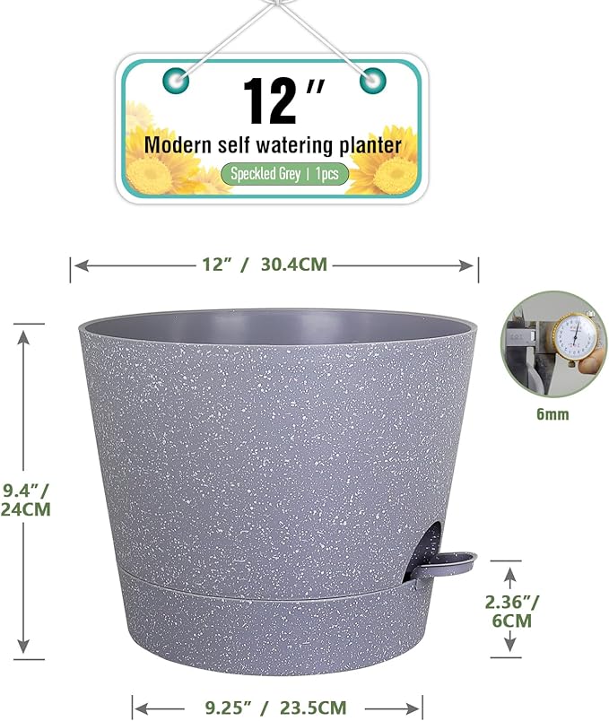 Meowell 12 inch Large Self Watering Pots for Indoor Outdoor Plants, Plant Pots with Mesh Drainage Holes for Garden House Plants, Plastic Planters with Reservoir for Flower, Speckled Grey