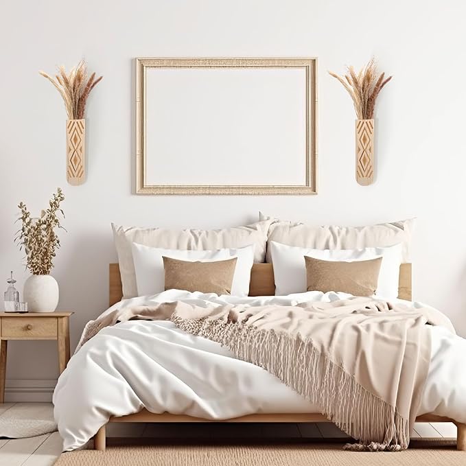 2 Pack Wooden Wall Planter Wooden Vase Set with Dried Reed Flowers Boho Wall Decor Indoor Farmhouse Decor for Entryways Hallways Bathrooms Living Rooms and Dining Rooms(Natural Wood Color)
