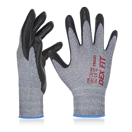 DEX FIT Nitrile Work Gloves FN330, 3 Pairs, 3D-Comfort Stretchy Fit, Firm Grip, Thin & Lightweight, Touch-Screen Compatible, Durable, Breathable & Cool, Machine Washable; Grey L (9)
